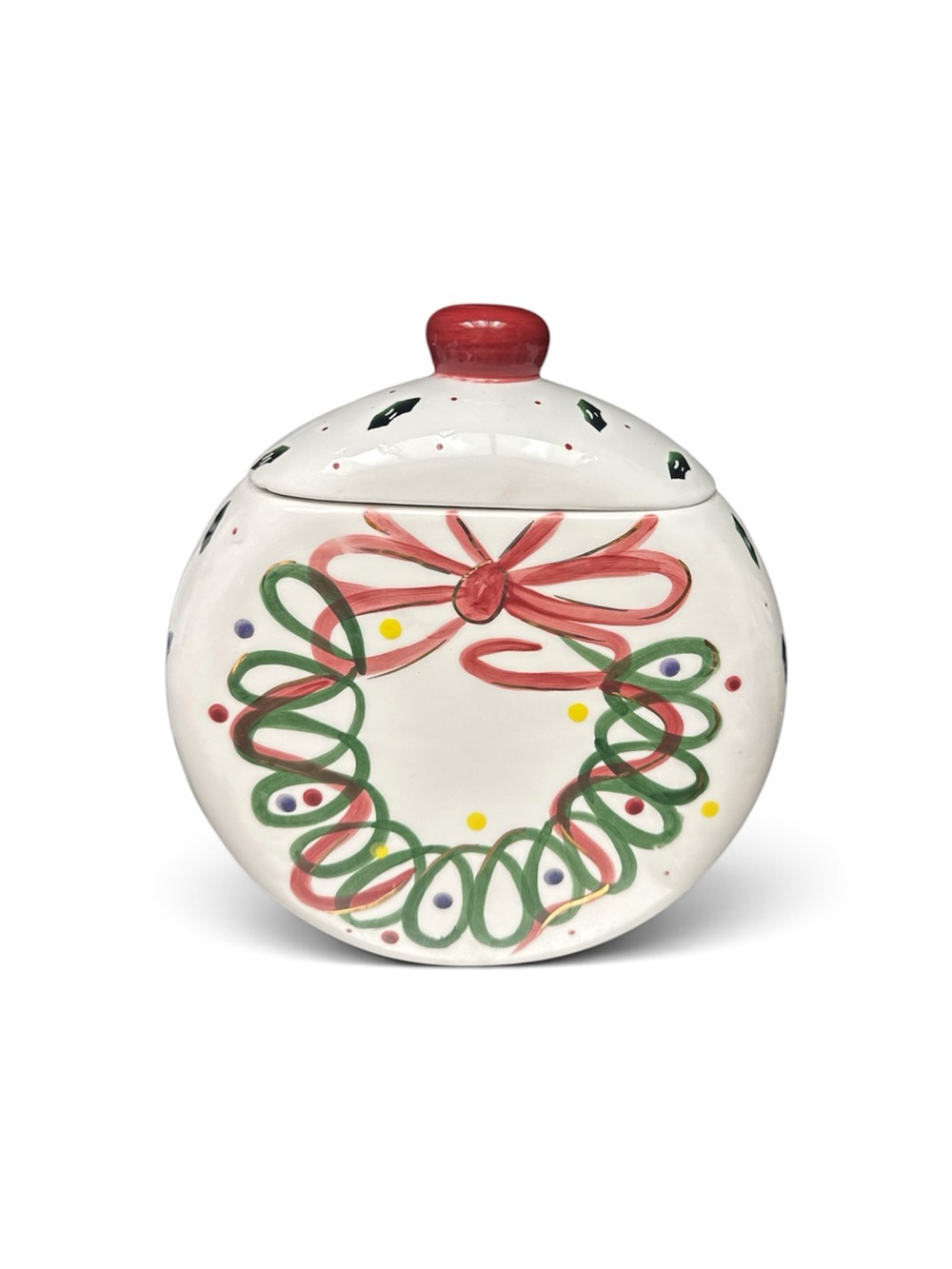 Festive Holiday Wreath Ceramic Cookie Jar - White with Red & Green